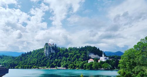 Scenic view of lake by trees against sky