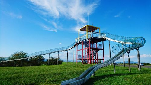 Low angle view of basketball hoop against blue sky