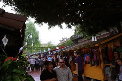 Group of people in town square