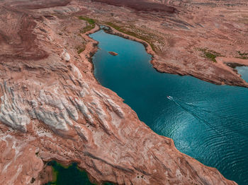 Aerial top view of lake powell and glen canyon in arizona.