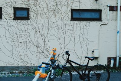 Bicycle parked by bare tree against building