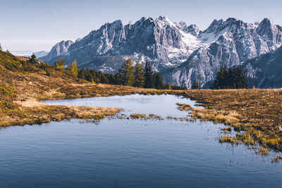 Scenic view of lake and snowcapped mountains against sky