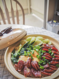 High angle view of food in plate on table