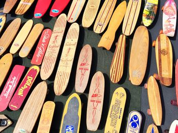 High angle view of skateboards