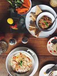 High angle view of food served on table