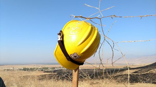 Close-up of yellow landscape against clear blue sky