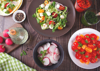 High angle view of salad served on table