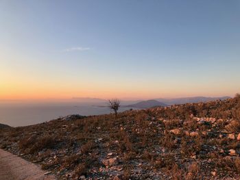 Scenic view of landscape against clear sky during sunset