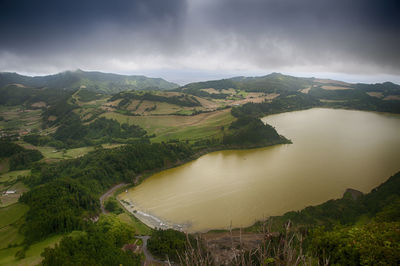 Scenic view of river amidst mountains against sky