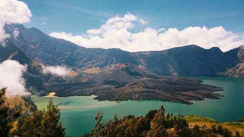 Scenic view of lake and mountains against sky