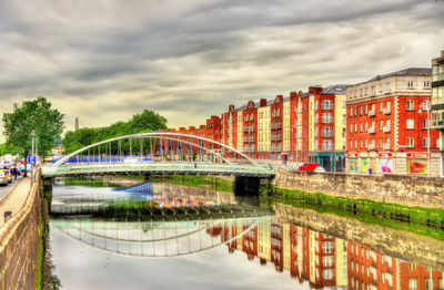 Bridge over river by buildings in city against sky
