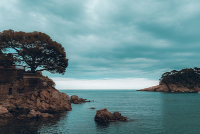 Scenic view of rock formation in sea against sky