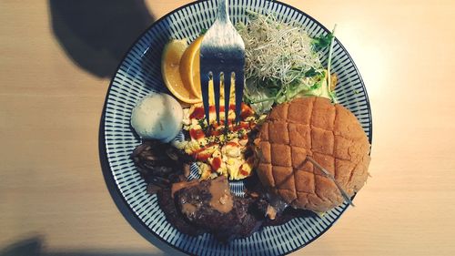 High angle view of food in plate on table