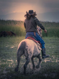 Man and horses standing on field against sky