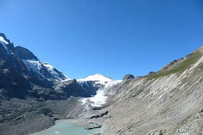 Scenic view of snowcapped mountains against clear blue sky