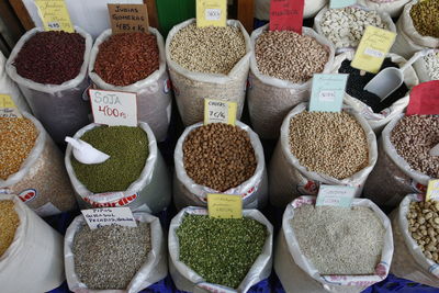 High angle view of pulses in sack for sale at market
