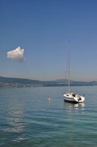 Sailboat sailing in sea against blue sky