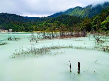 Scenic view of lake against sky during winter