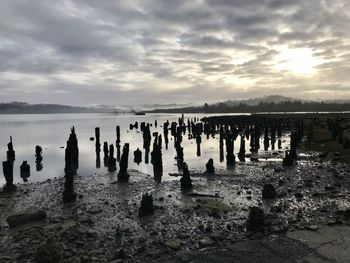 Wooden posts on beach against sky during sunset