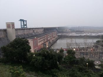 High angle view of dam against clear sky at dusk