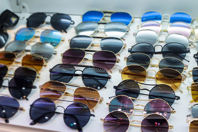 High angle view of sunglasses for sale in store