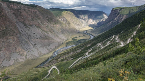 High angle view of mountains against sky