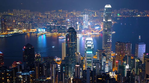 Illuminated modern buildings in city at night, hongkong building and landscape