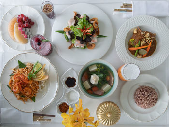 High angle view of food served on table