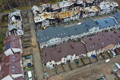 Top view of the destroyed and burnt houses. houses were destroyed by rockets or mines soldiers.