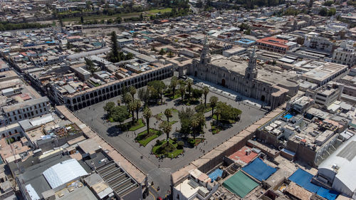 High angle view of buildings in city