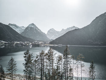 Scenic view of lake and snowcapped mountains against sky