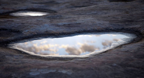 Reflection of sky in puddle