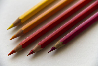 High angle view of colored pencils on white background