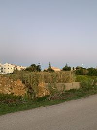 Road by buildings against clear sky