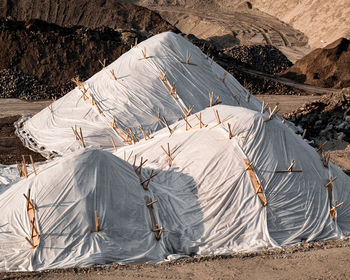 Aerial view of tent on arid landscape