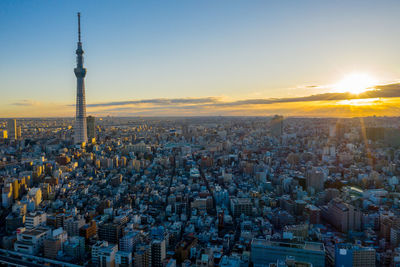 Aerial view sunrise of tokyo city skyline,japan