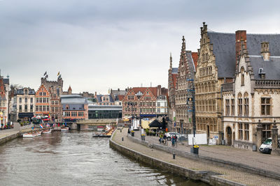 The graslei lys river embankment is one of the most scenic places in ghent old city centre, belgium