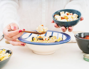 High angle view of breakfast served on table