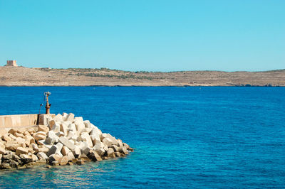 Scenic view of sea against clear blue sky