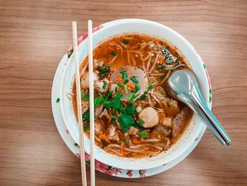 High angle view of soup in bowl on table