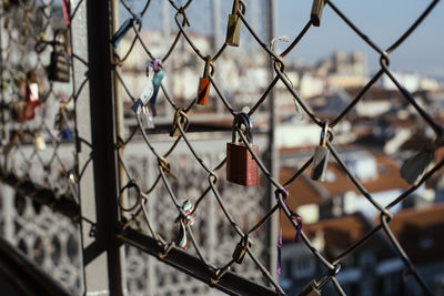 Close-up of padlocks on chainlink fence
