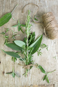 High angle view of leaves and twine on wooden table