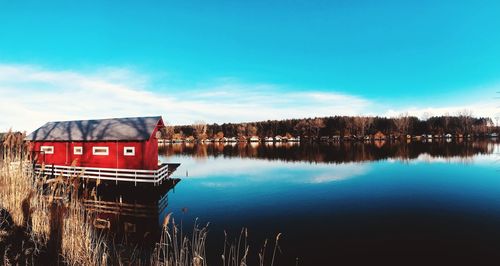 Scenic view of lake against blue sky