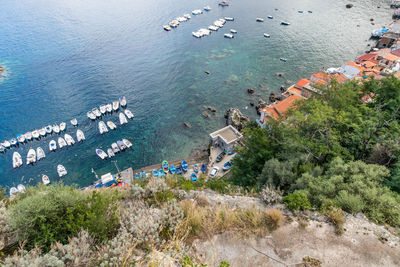 High angle view of boats on beach