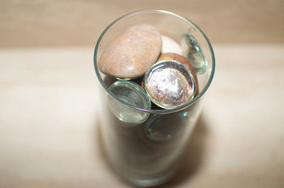 High angle view of drink in glass on table