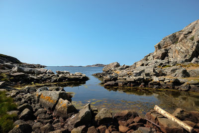 Scenic view of rocks and sea against clear blue sky