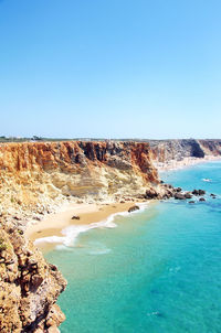 Scenic view of cliffs at sea shore against clear blue sky