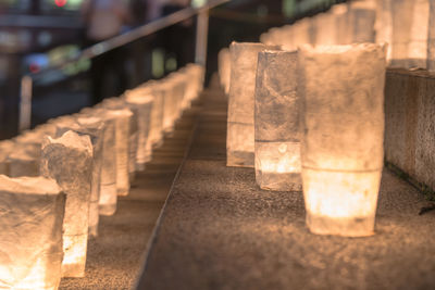 Handmade japanese paper washi lanterns illuminating the stone steps of the zojoji temple.