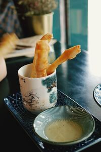 Close-up of ice cream in bowl on table