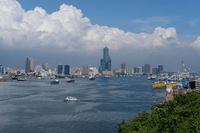 Scenic view of sea by buildings against sky